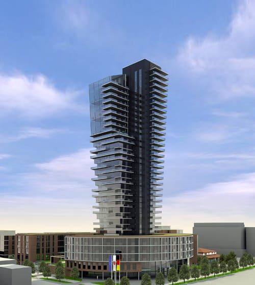 Der GEWA-Tower : 65 Eigentumswohnungen und ein Hotel. Foto: GEWA 5 to 1 GmbH & Co. KG