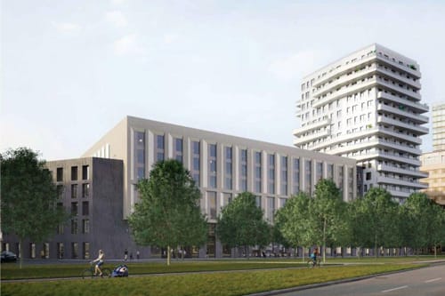 So soll das geplante Projekt in St. Georg aussehen: ein Hotel und hinten angeschlossen ein Wohnturm. Foto: Patrizia AG