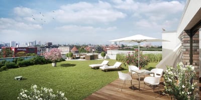 Grüne Dachterrasse im Neubauprojekt "DROSSELGÄRTEN Penthouse" von HFH Immobilien