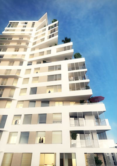 Versetzte Fassadenelemente: Wohnturm PRAEDIUM. Foto: Mattheußer Immobilien