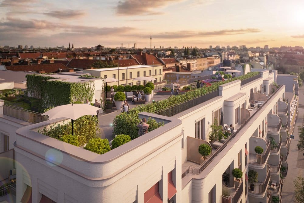 Auf dem Dach des Neubaus „CARTE BLANCHE“ entsteht ein Garten mit Dachterrasse für die Wohngemeinschaft. Die DAHLER & COMPANY Berlin GmbH & Co. KG vermarktet die 80 Wohnungen mit 1 bis 4 Zimmern (Bild: DAHLER & COMPANY Berlin GmbH & Co. KG).