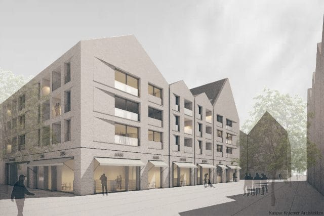 „Neue Mitte Porz“ – Haus 3: für eine Ensemblewirkung orientiert sich die Fassade an der Gestaltung von Haus 1 (Bild: Kaspar Kraemer Architekten GmbH).