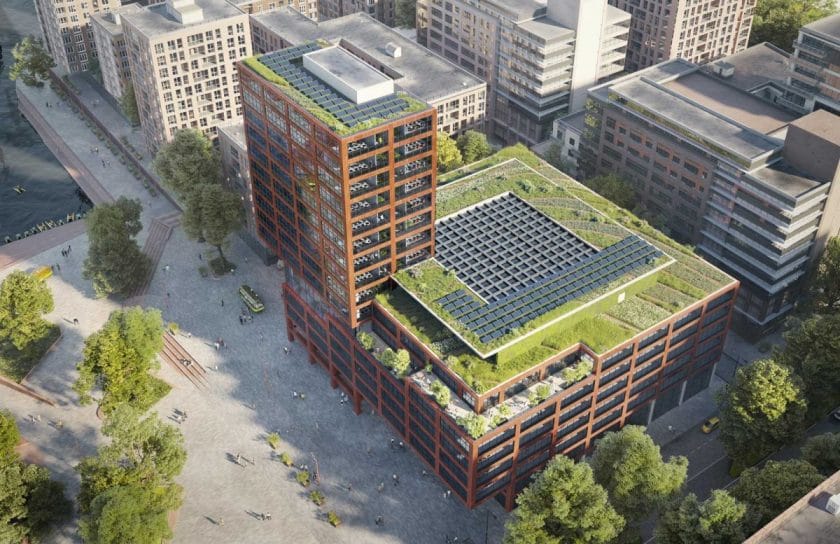 Blick von oben auf „EDGE HafenCity Hamburg“ mit teilweise begrünter Dachfläche (Bild: HENN GmbH/EDGE Technologies/OVG Real Estate).