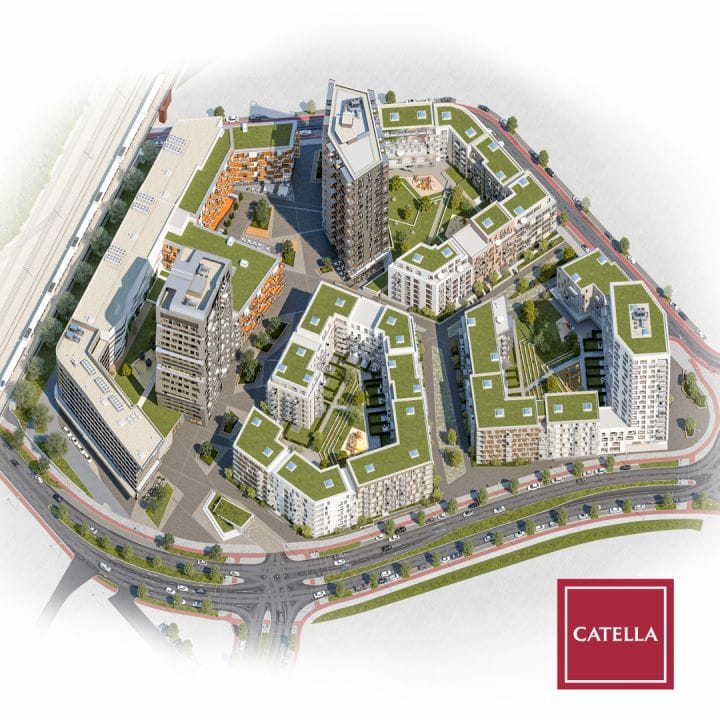 Wege und Grünflächen lockern das „Grand Central“ auf und schaffen Aufenthaltsflächen (Bild: Catella Project Management GmbH).