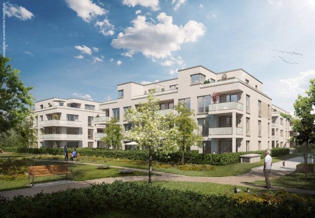 Im neuen Wohnquartier am Tarpenbeker Ufer in Groß Borstel entstehen die 94 Neubau-Wohnungen „Unser Herzstück“ (Bild: Grossmann &amp; Berger GmbH).