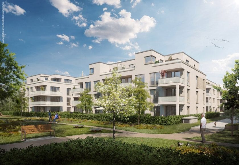 Im neuen Wohnquartier am Tarpenbeker Ufer in Groß Borstel entstehen die 94 Neubau-Wohnungen „Unser Herzstück“ (Bild: Grossmann & Berger GmbH).