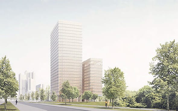 Der 1. Preis für den Neubau der Zentrale der Bayerischen Versorgungskammer von David Chipperfield Architects sieht ein Hochhausensemble in Holzhybridbauweise vor.