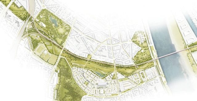 Der Entwurf für die Parkstadt Süd zeigt die Gestaltung des Inneren Grüngürtels (Bild: RMP Stephan Lenzen/Ortner&Ortner/BSV/BCE).