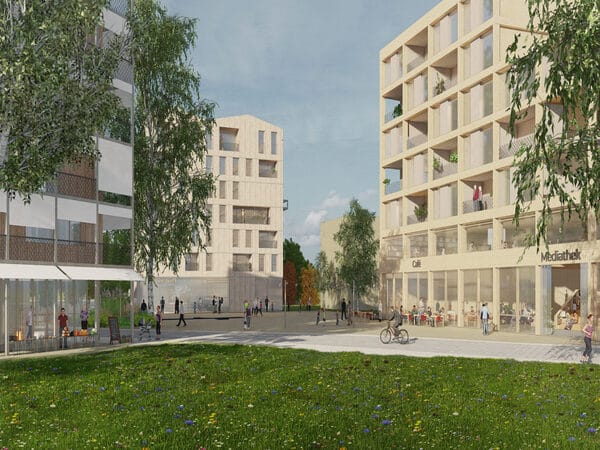 Blick auf den Quartiersplatz der Hangweide.