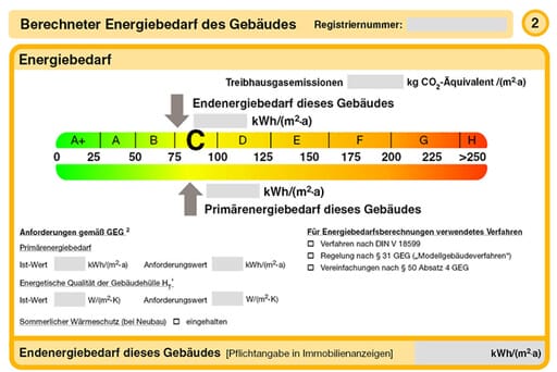 Auf Seite 2 des Energieausweises werden die wesentlichen Kennzahlen für ein Gebäude eingetragen. Bild: Bundesinstitut für Bau-, Stadt- und Raumforschung (BBSR) im Bundesamt für Bauwesen und Raumordnung (BBR)