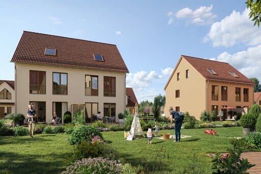 Im Bild sind zwei Doppelhäuser mit Garten und der Garten einer weiteren Doppelhaushälfte zu sehen. Kinder und Erwachsene treffen sich zum Spielen und Austauschen.