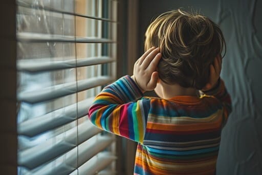Kind mit hellbraunem Kurzhaarschnitt und geringeltem Langarmshirt steht vor einem Fenster mit Jalousie und hält sich die Ohren zu. Man sieht das Kind von hinten.
