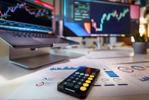 Börsenkurse auf Monitoren und Rechen-App auf dem Handy: Auch hierbei macht sich die Leitzinssenkung der EZB bemerkbar.