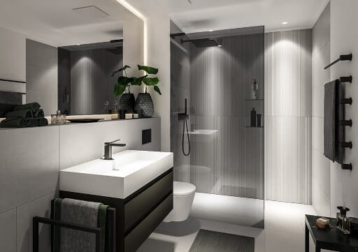 Ein modernes Bad mit bodengleicher Dusche und modernen Sanitärobjekten. Badezimmer gelten als Sondereigentum.