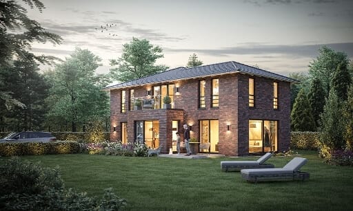 Stilvolles Einfamilienhaus mit Garten und Abendstimmung im Neubauprojekt Huusbarg 67+69.
