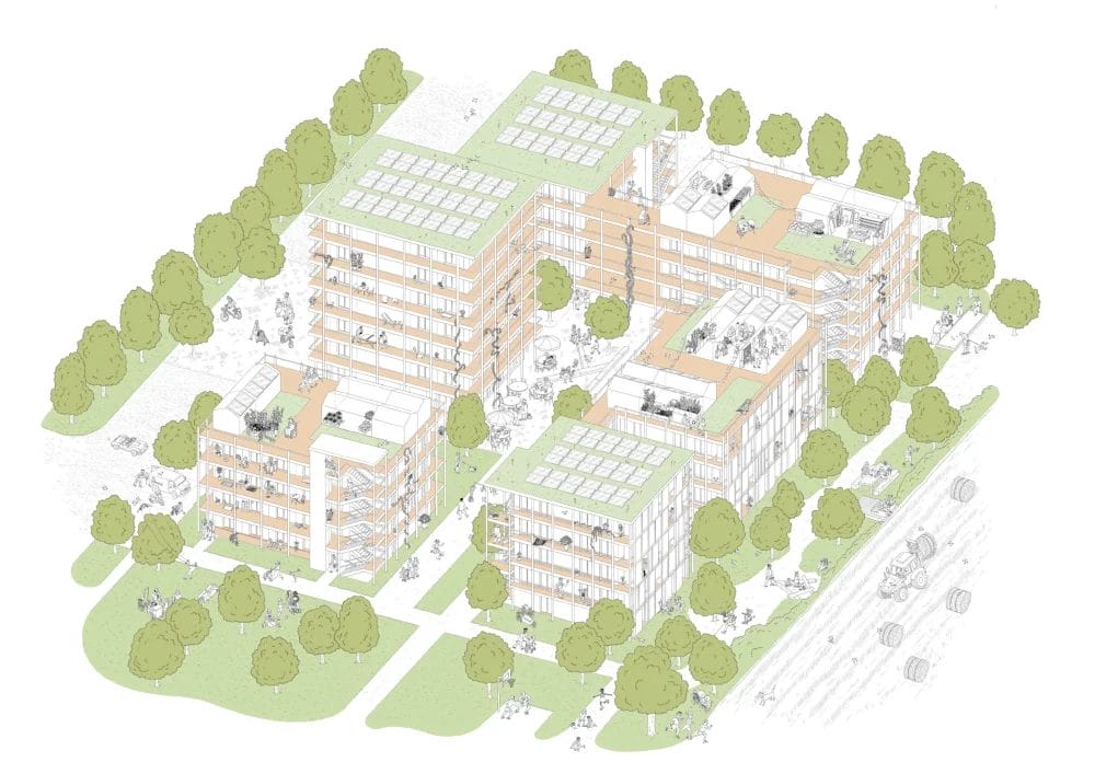 Architekturzeichnung des Wohnquartiers KAEPSELE Goldäcker, Baufeld Mitte. Auf den Dächern sind PV-Anlagen und um das Quartier zahlreiche Bäume.