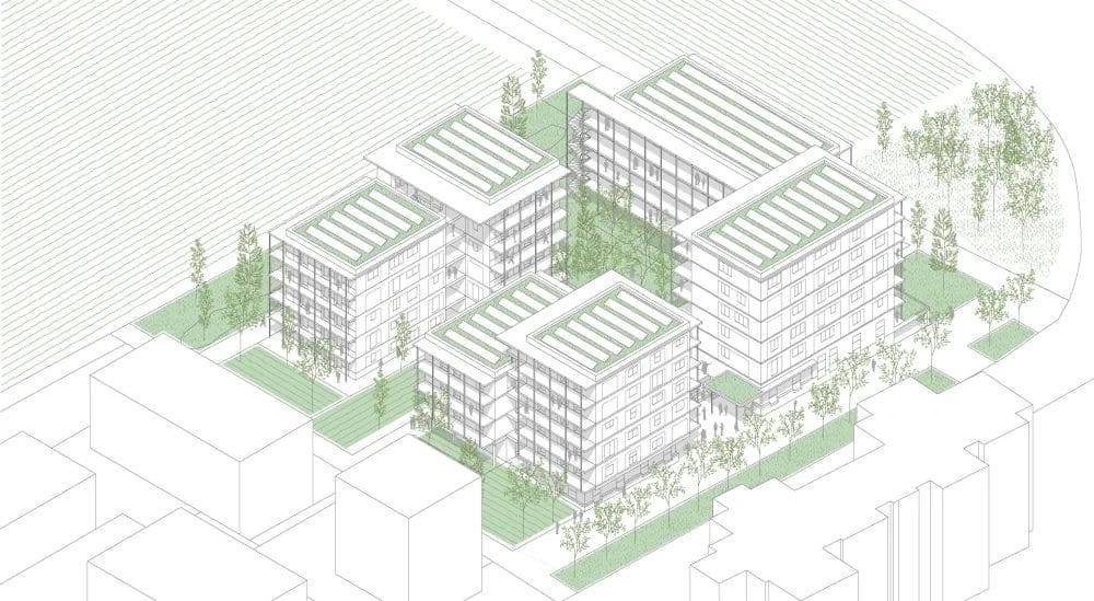 Architekturzeichnung des Wohnquartiers KAEPSELE Goldäcker, Baufeld Nord. PV-Anlagen auf den Dächern und viel Begrünung. Ackerflächen im Norden und Osten.