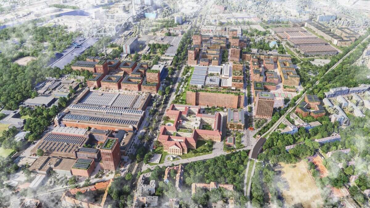 Luftaufnahme von Siemensstadt Square: Ein modernes, urbanes Quartier mit einer Mischung aus Wohn-, Arbeits- und Grünflächen, umgeben von bestehender Stadtstruktur und Natur.