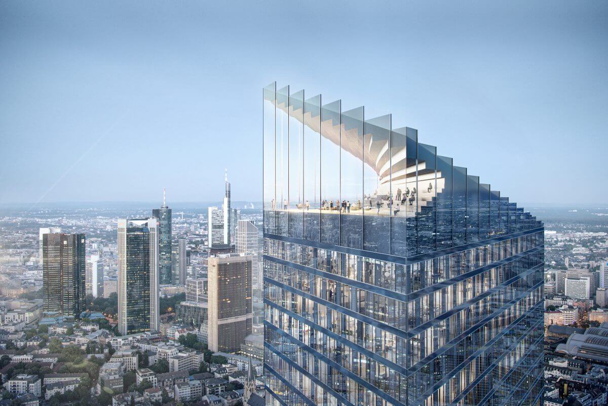 Millennium Tower in Frankfurt: Ein gläsernes Hochhaus mit der Skyhall, einer offenen Aussichtsplattform auf 280 Metern Höhe.