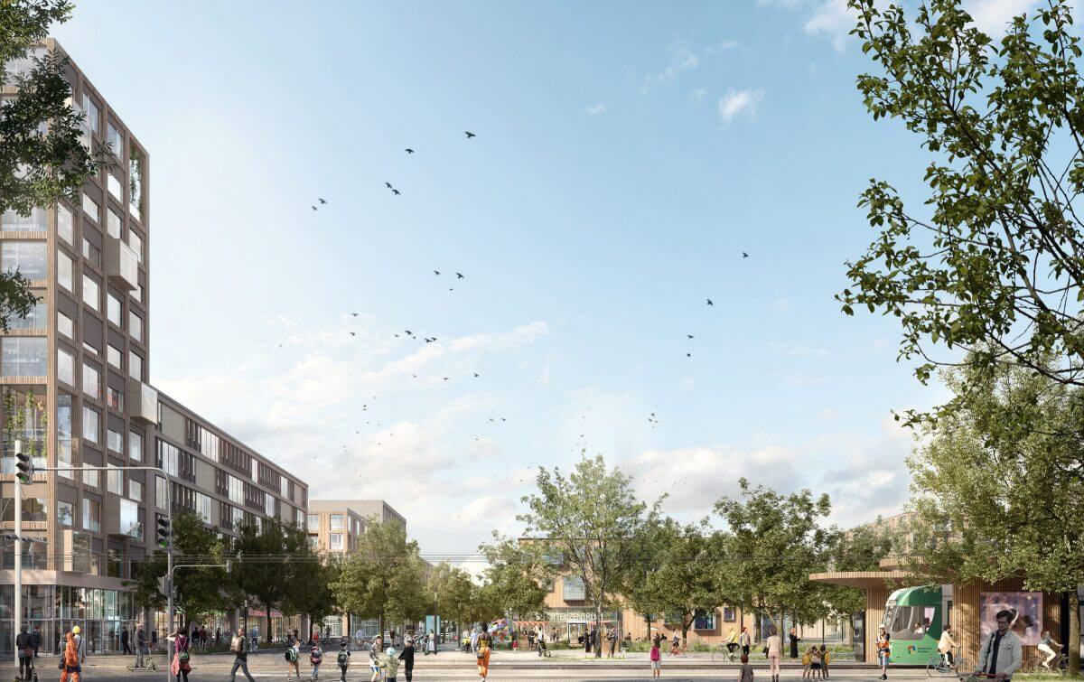 Visualisierung des Stadtplatzes im Quartier Krampnitz mit neuer Straßenbahn, begrünten Haltestellen und belebten Gehwegen.