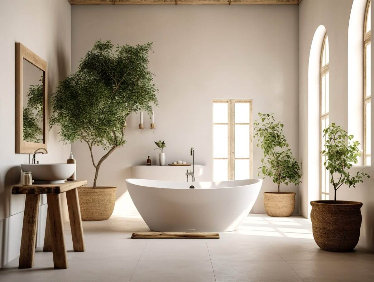 Ein Tageslichtbad mit einer freistehenden Badewanne in der Mitte, Pflanzen, Natursteinboden und drei großen Fenstern.