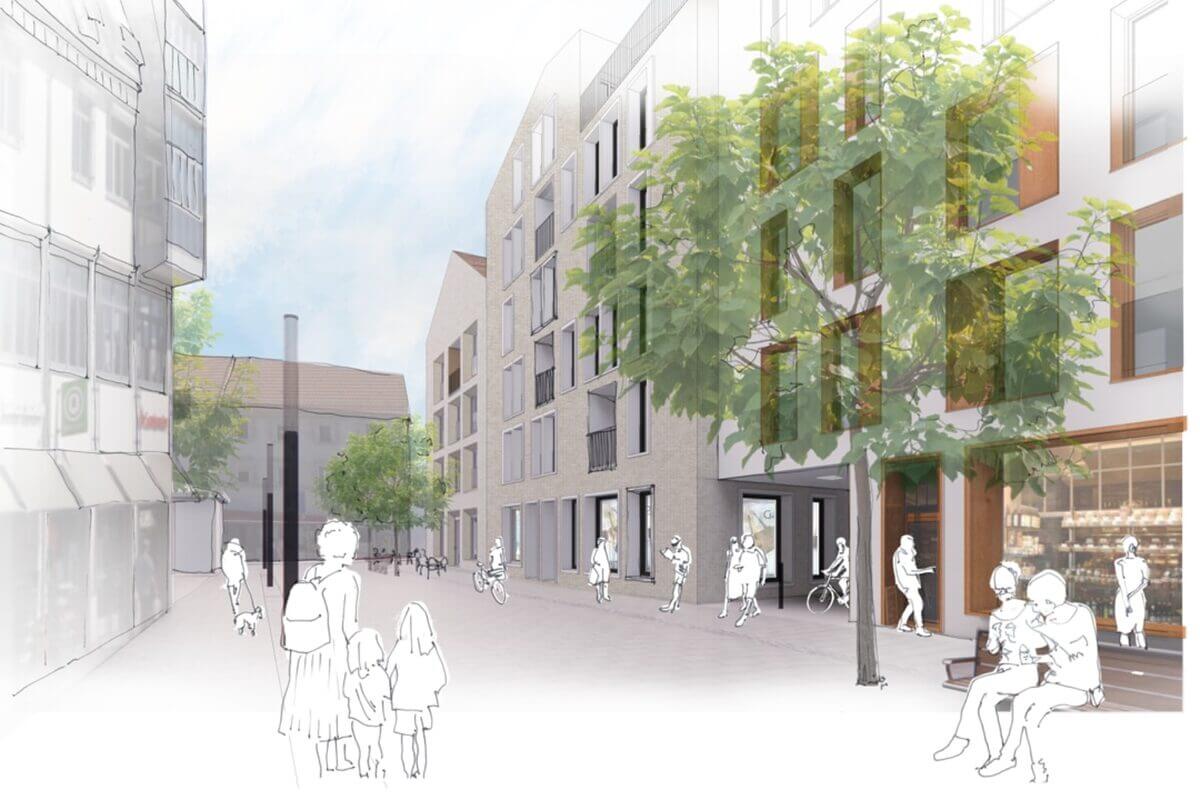 Visualisierung Karstadt-Areal Esslingen Gewerbebereich mit Bäumen und Sitzgelegenheiten.