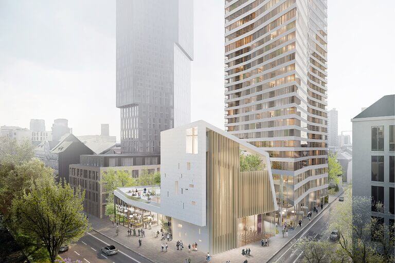 Das künftige Matthäus-Areal in Frankfurt wird aus einer neu gebauten Kirche sowie einem 130 Meter hohen Büro- und Wohnturm inkl. Sondernutzung. © Meixner Schlüter Wendt